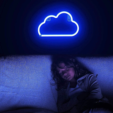 Child sleeping under blue cloud-shaped neon light. Heart Angel Wings Neon Sign For Teens And Girls Room Decor USB Powered Neon Light With On Off Switch Cute Vibe For Desks Dresser Dorm Rooms And Wall Art 14 By 4 Point 5 Inch LED Sign.
