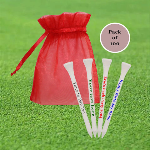 White Wooden Golf Tees 100 Pack 2 And 3 Quarter Inch Customizable Two Line Personalization Durable Bulk Golf Tees set with red pouch