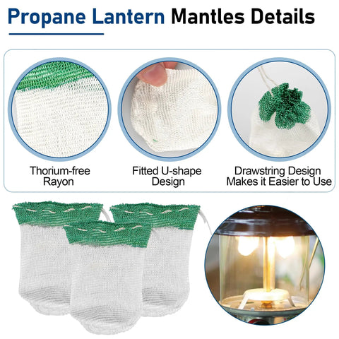 10 Pack Propane Lantern Mantles With Glass Globe Replacement, thorium-free rayon, U-shape and drawstring designs, lantern detail