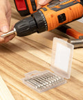 10 Piece Security Torx Bit Set T6 Through T40 with quarter inch hex shank, magnetic tamper proof star bits shown with drill
