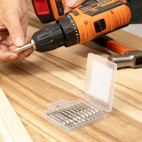 10 Piece Security Torx Bit Set T6 Through T40 with quarter inch hex shank, magnetic tamper proof star bits shown with drill