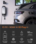 Plug-in Smart EV Charger 9.6kW with Wi-Fi Scheduling NEMA 14-50 Plug and 25ft J1772 connector mounted on wall near charging vehicle.