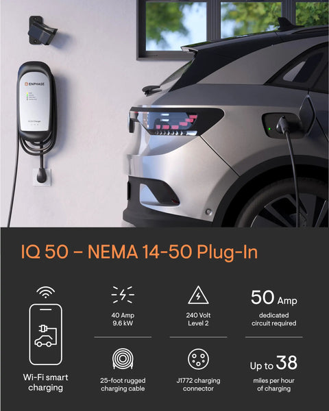 Plug-in Smart EV Charger 9.6kW with Wi-Fi Scheduling NEMA 14-50 Plug and 25ft J1772 connector mounted on wall near charging vehicle.