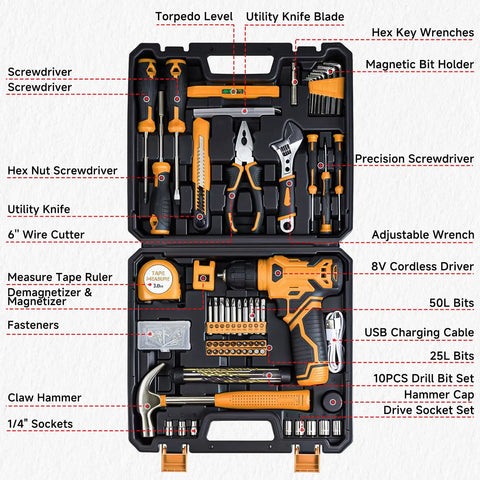 All In One 8V Cordless Drill Tool Set With 132 Piece Box Yellow, arranged with drill, bits, and tools for home projects
