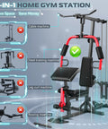 4-in-1 home gym station with chest press, lat pulldown, leg curl, seated row for full body strength training and 50 plus exercises.