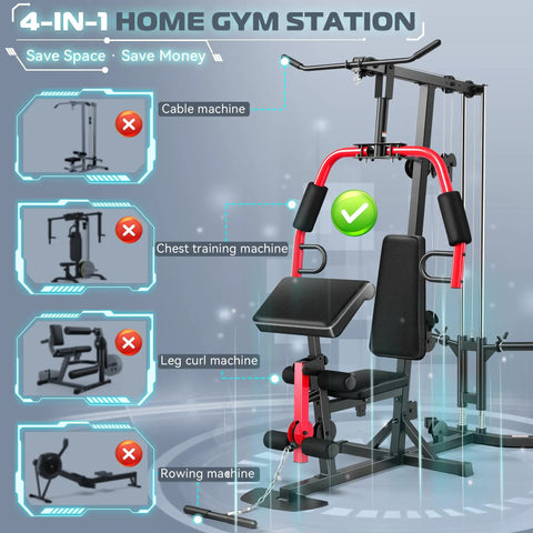 4-in-1 home gym station with chest press, lat pulldown, leg curl, seated row for full body strength training and 50 plus exercises.