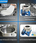 Industrial Centrifuge Dryer Machine For Solid Liquid Separation And Heavy-Duty Dehydration Featuring Built-Tough Stainless Drum And Zero-Wobble Cast Base For Biomass Oil Extraction Metal Parts And Textile Spin Drying 220 Volt applications in textile dewatering, parts degreasing, and oil extraction.