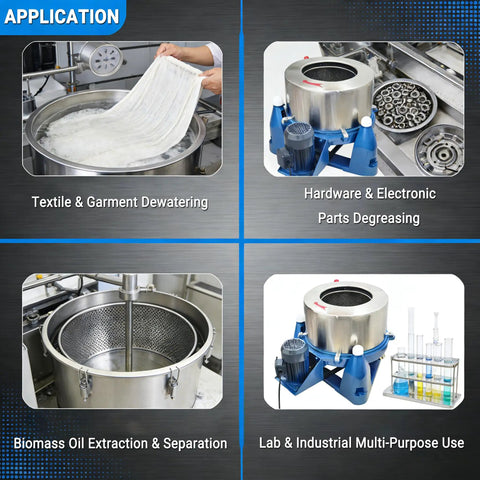 Industrial Centrifuge Dryer Machine For Solid Liquid Separation And Heavy-Duty Dehydration Featuring Built-Tough Stainless Drum And Zero-Wobble Cast Base For Biomass Oil Extraction Metal Parts And Textile Spin Drying 220 Volt applications in textile dewatering, parts degreasing, and oil extraction.