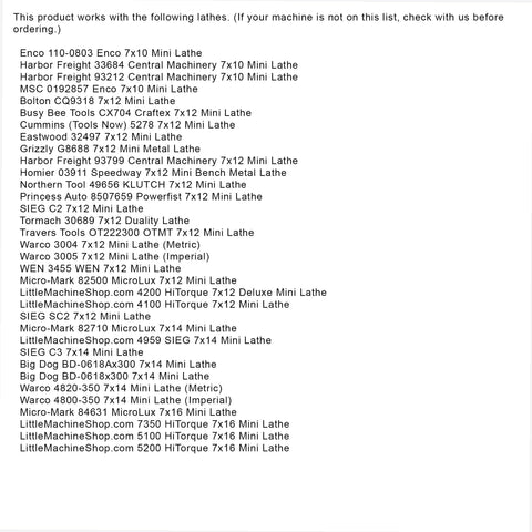 List of compatible mini lathes for Mini Lathe Change Gear Set For 7x10 To 7x16 Metal Lathes with 12 mm Bore, 3 mm Keyway, 8 mm Width.