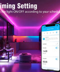 Smartphone controlling 50 Ft LED Strip Lights Kit for Bedroom, creating dreamy neon ambience in a modern living room.