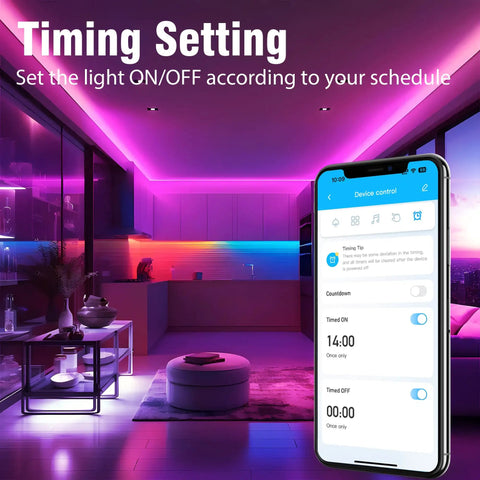Smartphone controlling 50 Ft LED Strip Lights Kit for Bedroom, creating dreamy neon ambience in a modern living room.