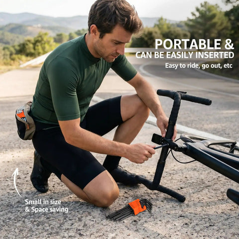 Kickstart Your Handyman Skills With This Awesome LYIYEYAN 27 Piece Hex Key Set! man using hex keys to adjust a bicycle on a road, portable set visible