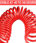 Heavy Duty Self Coiling Air Hose With Legit Slick Polyurethane Build And 3/8 Inch ID By Ten Feet Length Featuring Bend Restrictor in red coiled design.