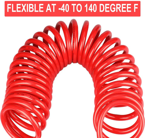 Heavy Duty Self Coiling Air Hose With Legit Slick Polyurethane Build And 3/8 Inch ID By Ten Feet Length Featuring Bend Restrictor in red coiled design.