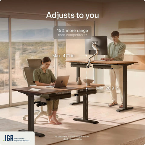 Desktronic HomeOne 60x30 Electric Standing Desk Sit Stand Home Office Ergonomic with adjustable height range displayed.