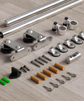 8 Foot Stainless Steel Sliding Barn Door Hardware Kit For Double Doors Built To Last Heavy Duty Smooth Quiet Track System With Anti Rust Gcr15 Rollers Supports Up To 220 Lbs Fits Door Panels Up To 24 Inches kit components on wood floor