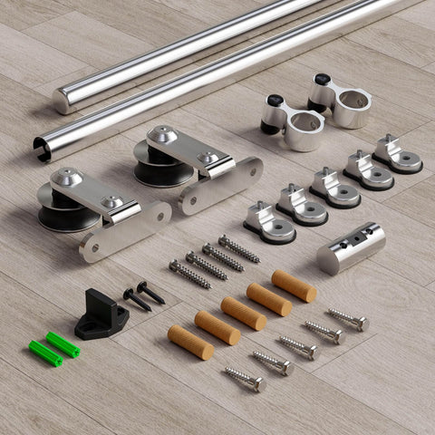 8 Foot Stainless Steel Sliding Barn Door Hardware Kit For Double Doors Built To Last Heavy Duty Smooth Quiet Track System With Anti Rust Gcr15 Rollers Supports Up To 220 Lbs Fits Door Panels Up To 24 Inches kit components on wood floor