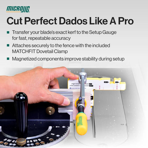 Person adjusting GRR-RIPPER MF-1004 Match Fit Dado Stop Pro Kit for dead-on precise dados on table saw with simple alignment.