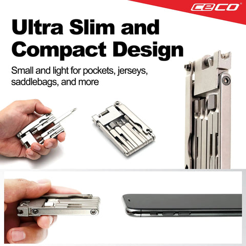 Ultra Slim 13 Function Bike Tool With Chain Breaker alongside smartphone, showing portable and compact design, CR V 6150 steel.