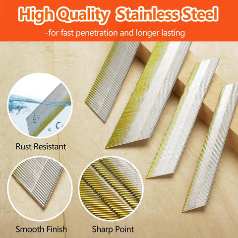 Top Tier SS304 Stainless Steel Finish Nails 15 Gauge 34 Degree Angled Head 1 1/2 Inch Long Corrosion Resistant Rust Proof Woodworking Fasteners 1000 Count shown on wood surface with smooth finish and sharp points.