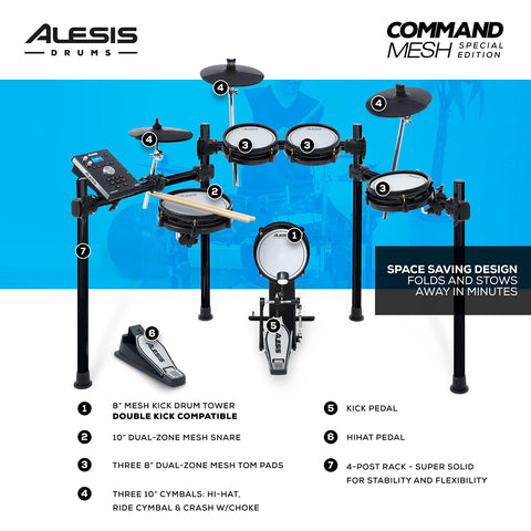 Command Mesh SE Electronic Drum Kit display with 10" snare, hi-hat, and three 8" toms on sturdy four-post rack
