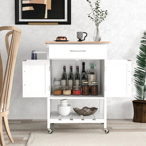 Slick Glide Kitchen Island Cart With Solid Rubberwood Countertop, Heavy Duty Serving Utility Trolley Featuring Nifty Drawer And Open Shelves, Total Game Changer For Any Modern Home Setup