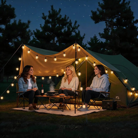 Three women sitting under a tent decorated with 50ft G40 Outdoor String Lights With 26 LED Bulbs, Waterproof Shatterproof Dimmable Connectable Globe Cafe Bistro Lights For Patio And Backyard, Balcony, Gazebo, Party, Black.