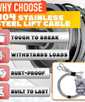 Heavy-Duty 8 Ft 6 In Garage Door Cables For 7 Ft Doors, 304 Steel Galvanized Cables, Pack Of 2 displayed with features.