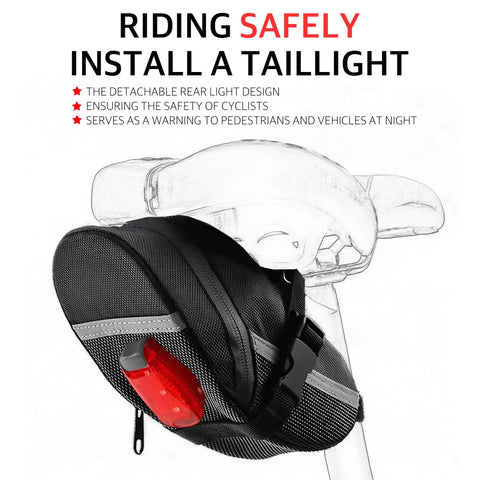 Under Seat Bike Bag With Reflective Strip and taillight attachment, waterproof saddle pouch on bike seat, durable 600D fabric.