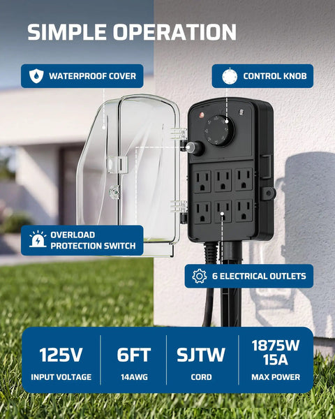 Outdoor Power Stake Timer Equipped With Six Grounded Outlets And An Extended Six Foot Cord with waterproof cover and control knob.
