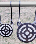 Magnetic Painting Stencil Set For Steel Shooting Targets Six Size Pack Featuring 3, 4 Inch AR500 Gong Target Stencils hanging on hooks