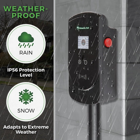 50 Amp Level 2 EV Charger Station 220V For Home Garage With 30 Ft Cord, NEMA 6-50P, showing weather-proof design under rain and snow.