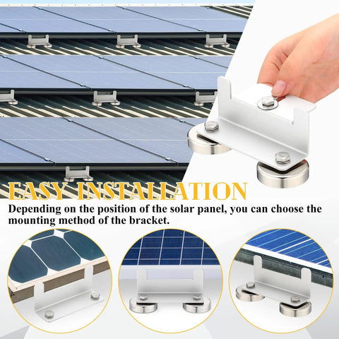 No Drill Magnetic Solar Panel Mount Brackets, 300 Lb Per Bracket, 1200 Lb Total With 4 Pack, showing installation on panels