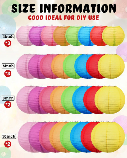80 Pcs Rainbow Paper Lanterns Set In 4 6 8 10 Inch Sizes Multicolor Ceiling Hanging Decor displayed by size and color