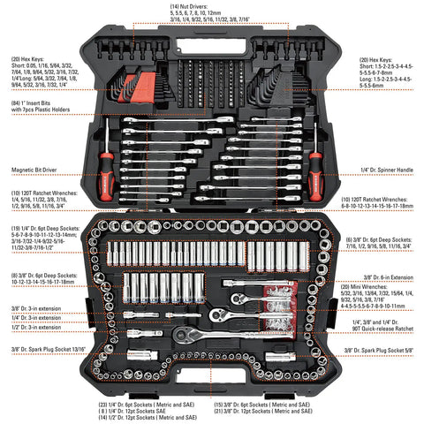 Pro-Grade 233-Piece Mechanics Tool Set With SAE and Metric Wrenches, Quick-Release 90-Tooth Ratchets in blow-mold case
