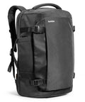 Go-To Travel Backpack 40L with large main compartment and seventeen inch laptop sleeve, water resistant carry on rucksack, side view.