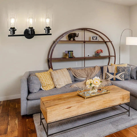 3 Light Vanity Fixture With Glass Shade Over Mirror 4000K Black Vanity Light Bulbs Included Wall Mount in living room