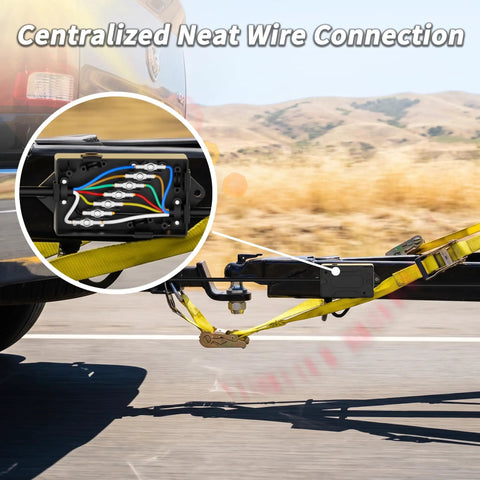 Road Ready 8 Foot 7 Way Trailer Wiring Harness Kit With Color Coded Junction Box showing neat wire connections on a trailer hitch.