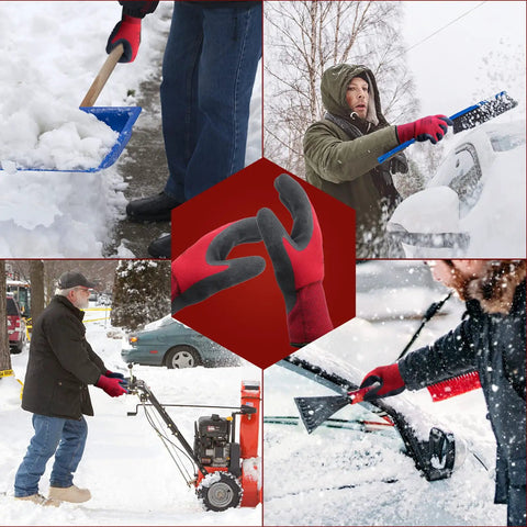 Two Pairs Winter Work Gloves For Men And Women Built For Cold Days Freezer Safe For Below Zero Temps Thermal Insulated With Dual Layer Warmth Super Grip Palm Durable Nylon Shell And Fleece Lining Ideal Cold Weather Work Gear shown in various outdoor snow activities.