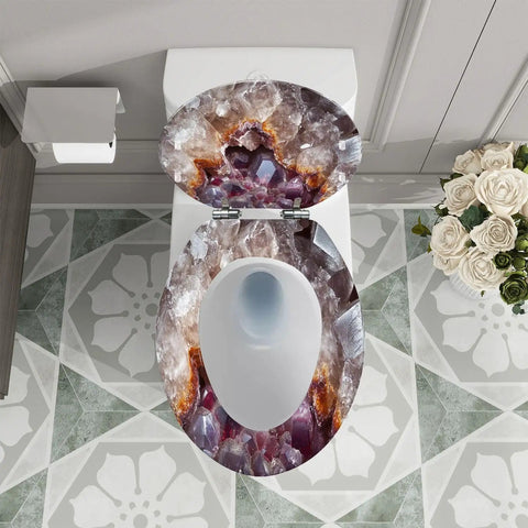 Toilet Seat Elongated Quiet Close for Bathroom Use with decorative crystal design, fits most standard toilets, overhead view.