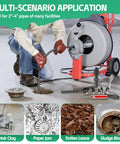 Technician using drain cleaning machine with Ten Piece Pipe Fighter Drain Cleaning Kit Featuring Battle Ready Cutters And Heavy Duty Augers.