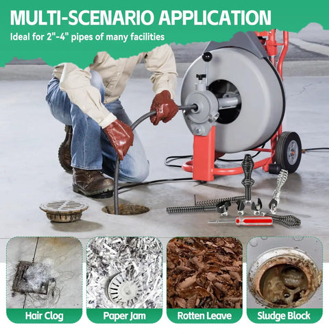 Technician using drain cleaning machine with Ten Piece Pipe Fighter Drain Cleaning Kit Featuring Battle Ready Cutters And Heavy Duty Augers.