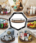Rotating Nine Inch Lazy Susan Spice Organizer for Kitchen Countertop and Cabinet, black finish with various household items.