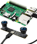 Dual Lens Global Shutter USB Camera Module For PC 4MP HD 3200X1200 MJPEG At 60FPS with 120° field of view, next to circuit board.