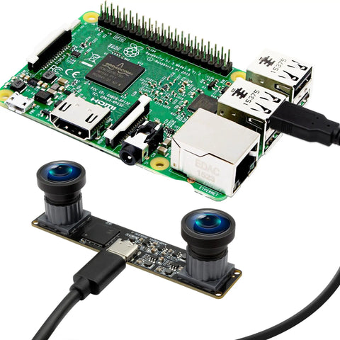 Dual Lens Global Shutter USB Camera Module For PC 4MP HD 3200X1200 MJPEG At 60FPS with 120° field of view, next to circuit board.