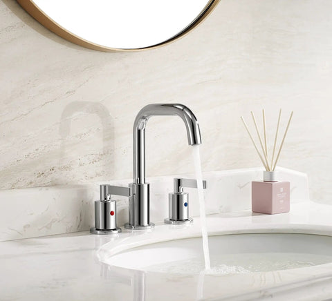Chrome 8 Inch Widespread Bathroom Sink Faucet With Drain Assembly, High Arc Modern Two Handle Vanity Lavatory Faucet, 3 Holes