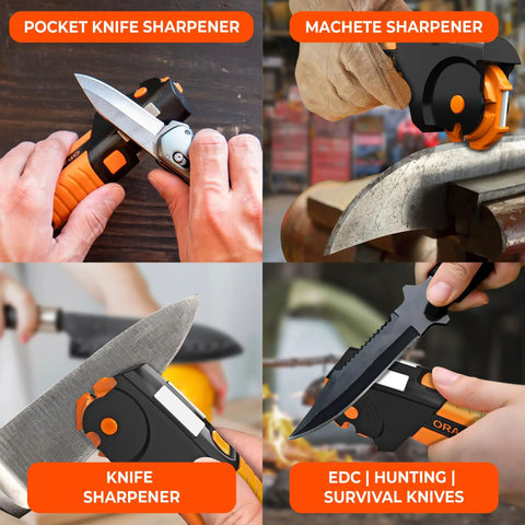All In One Garden Tool Sharpener that keeps knives axes machetes pruners and shears razor sharp, 7 in 1 outdoor blades sharpener.