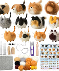 Beginner Friendly Needle Felting Kit For Adults Who Love Getting Crafty With All In One DIY Craft Supplies Including Wool Colors Felting Needles Pad Tools Instructions Leather Finger Protectors And A Starter Tool For Making Cute Faceless Animal Figures image featuring felting supplies and completed animal figures.