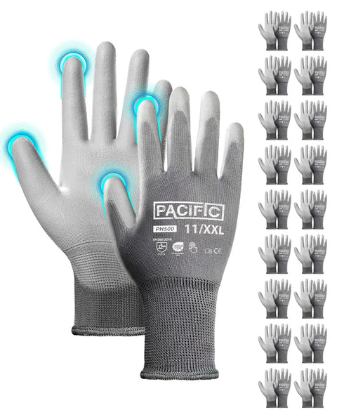 PU Coated Touchscreen Work Gloves 18 Pair Pack For Men And Women, Lightweight Mechanic Gloves, Breathable 13 Gauge Knit Shell, Grey, 2XL