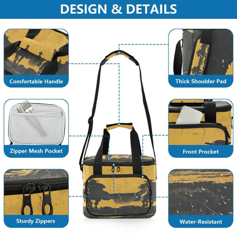 Insulated Leakproof Lunch Bag For Outdoors Large Cooler Tote with thick shoulder pad and front pocket, showing zipper and handle details.